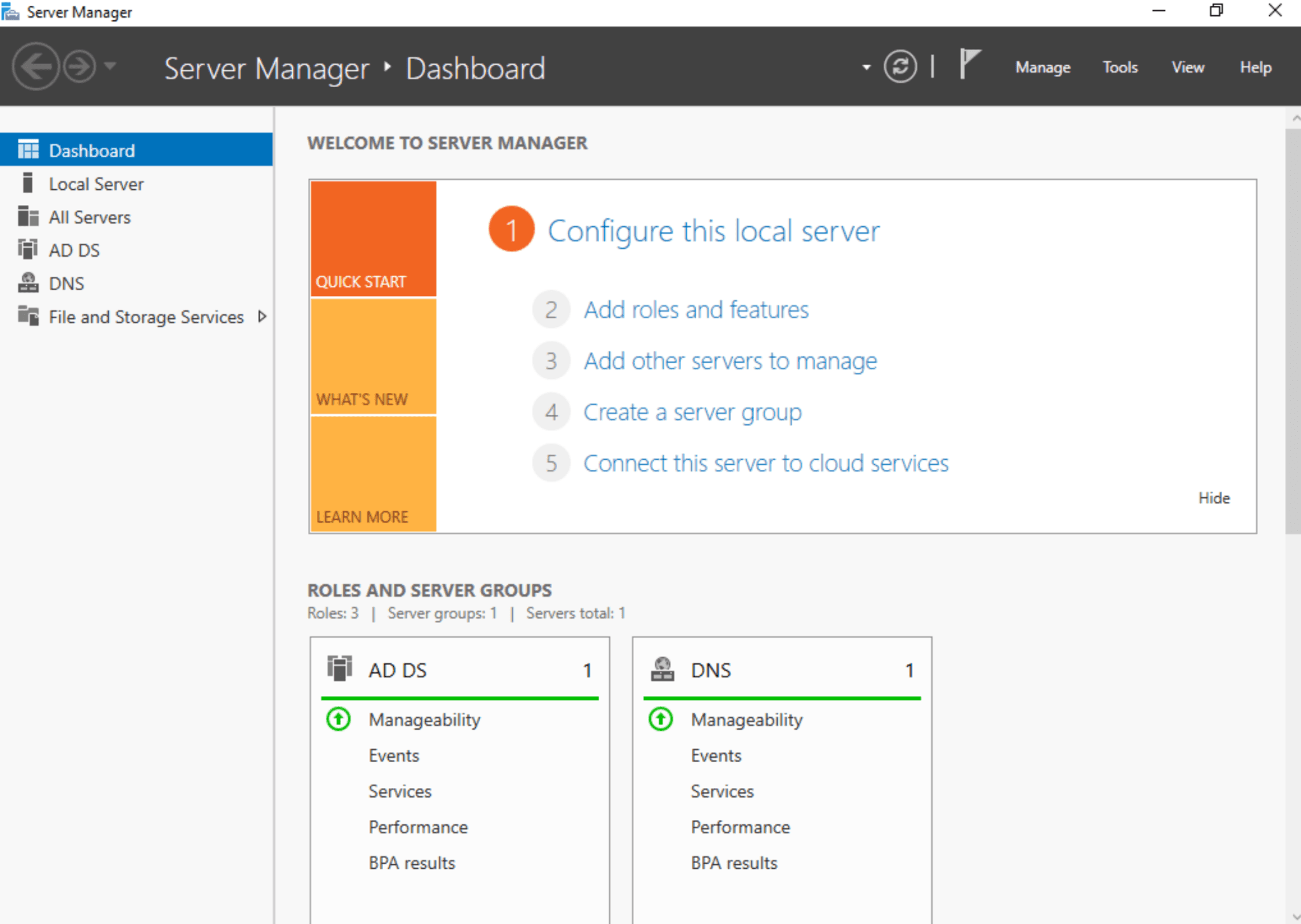 Server Manager dashboard showing AD DS and DNS roles