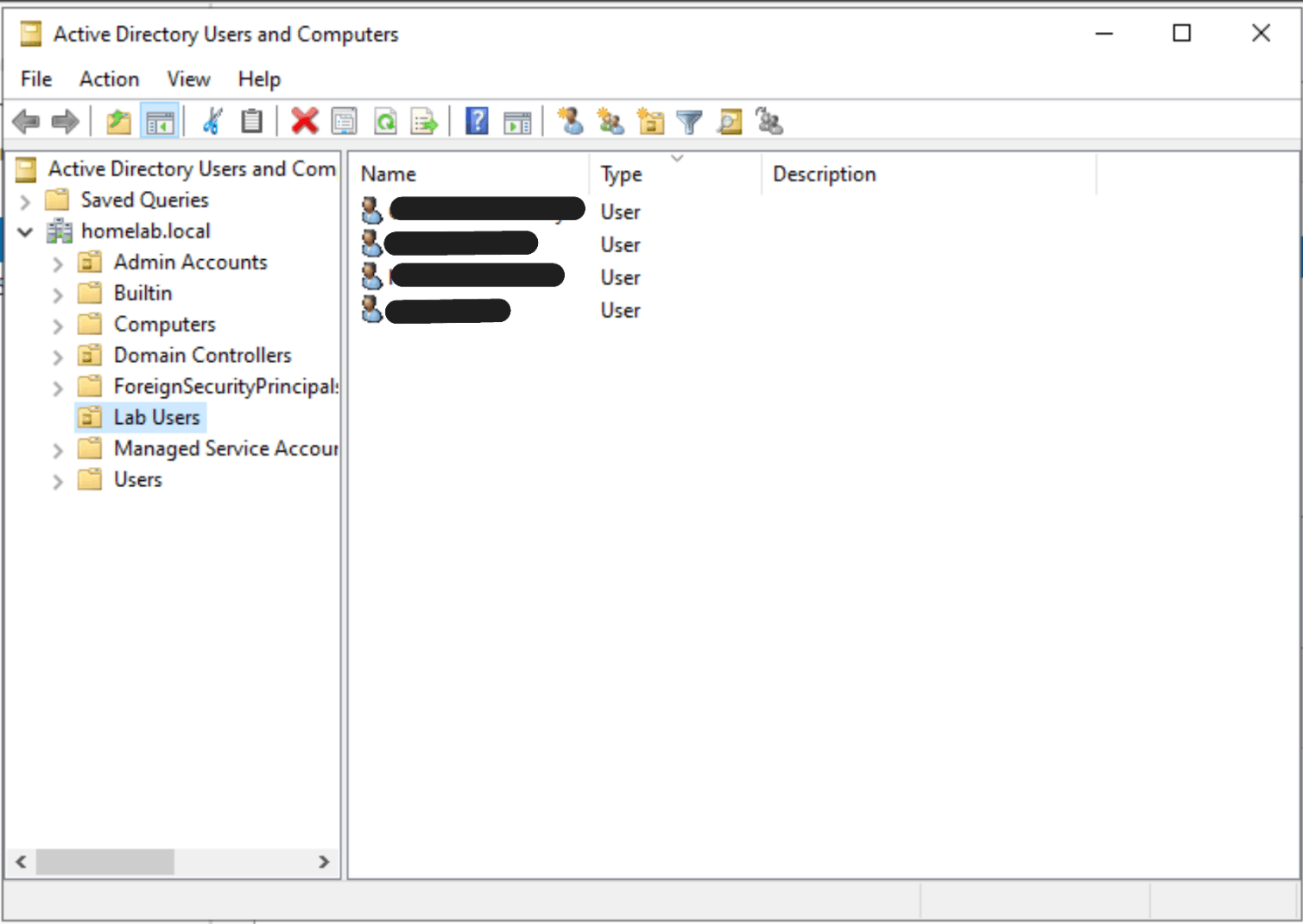 Active Directory Users and Computers showing lab users