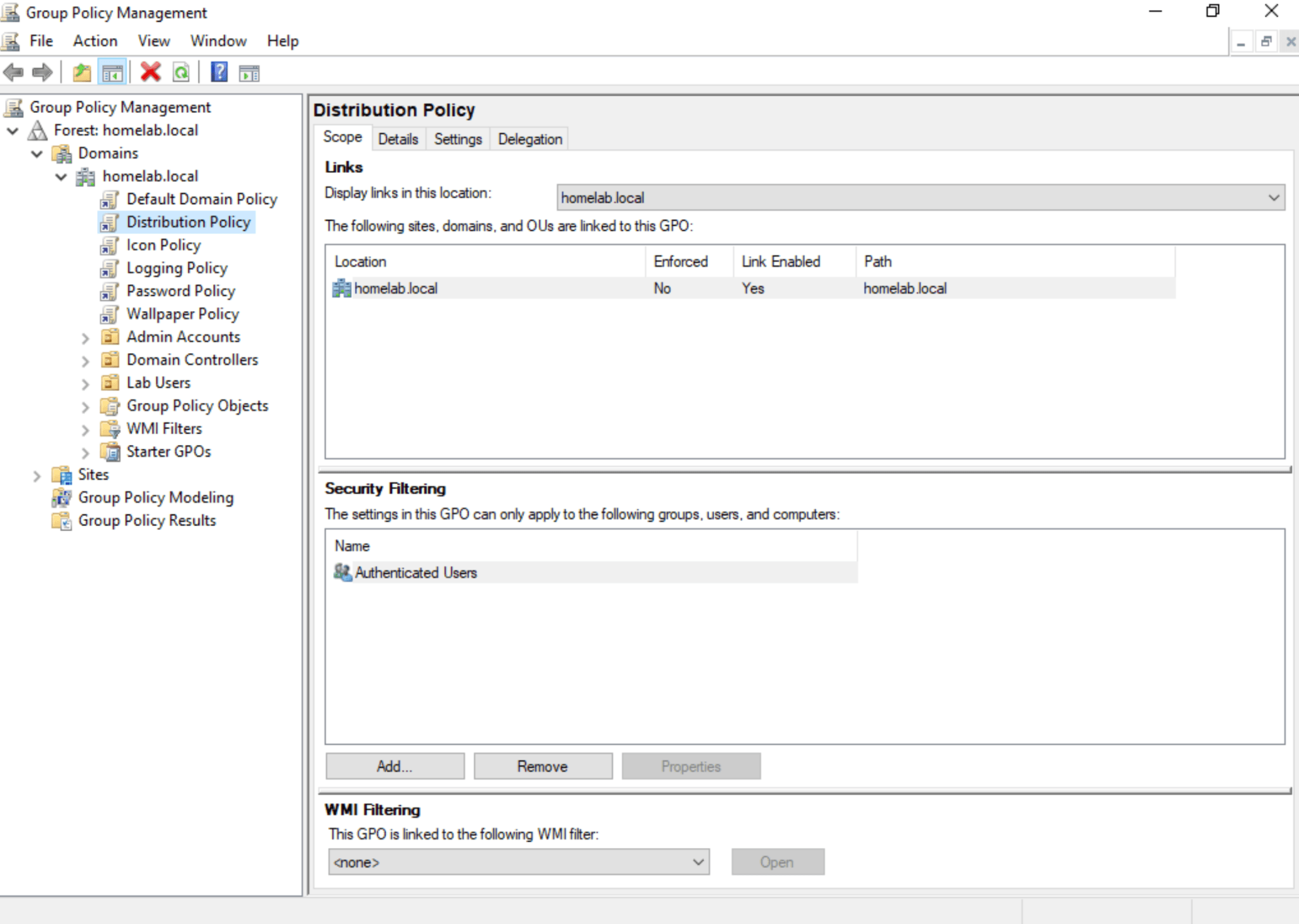 Group Policy Management Console showing custom GPOs