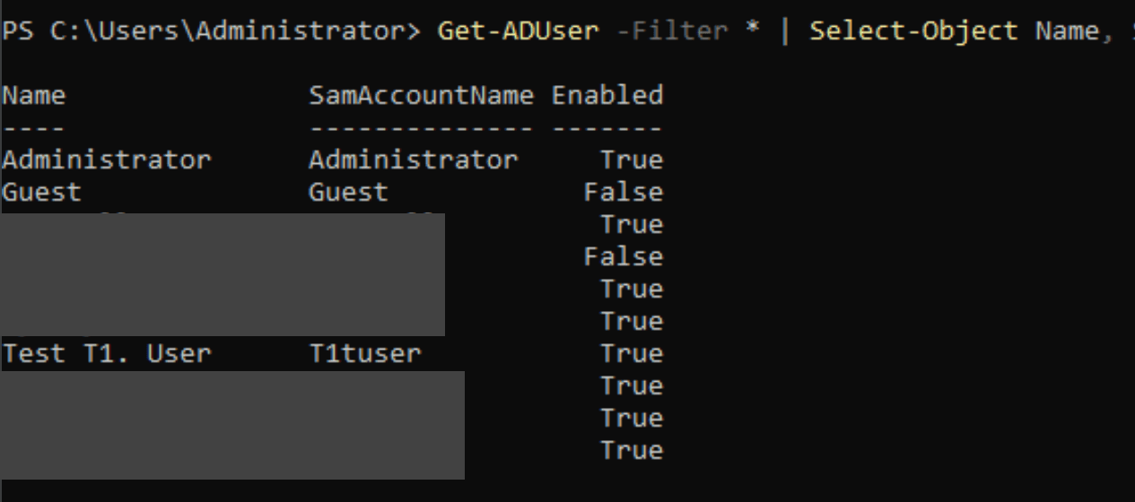 PowerShell output showing Get-ADUser query